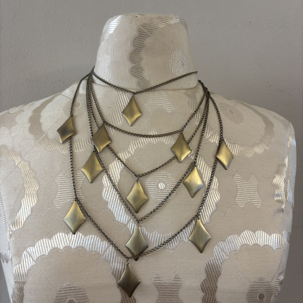 Layered Chain Diamond Shape Necklace Antiqued Gold Tone